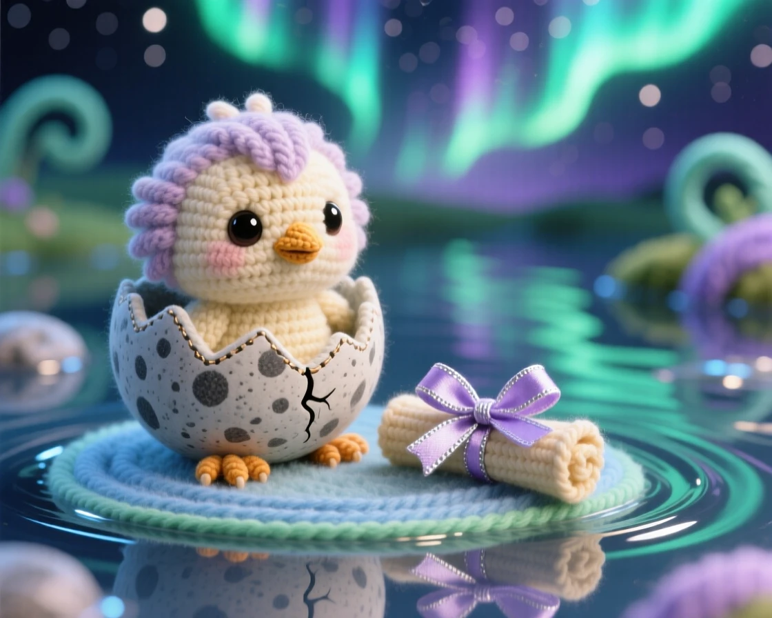A charming portrait of a small baby griffin chick, with fuzzy down feathers, cracking through a speckled stone egg beside a tiny scroll tied with a ribbon in a shimmering pond reflecting the northern lights, conveying a soft, comforting sense of belonging.