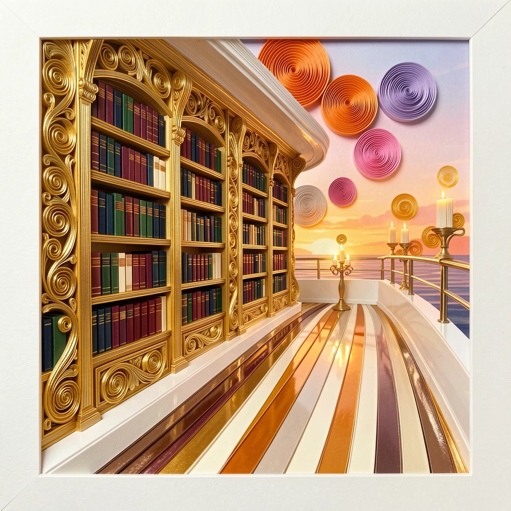 A sophisticated luxury scene of a grand library with floor-to-ceiling gilded shelves on the deck of a luxury yacht at sunset, with soft candlelight reflecting off polished surfaces, framed with a clean, minimal, high-end aesthetic.