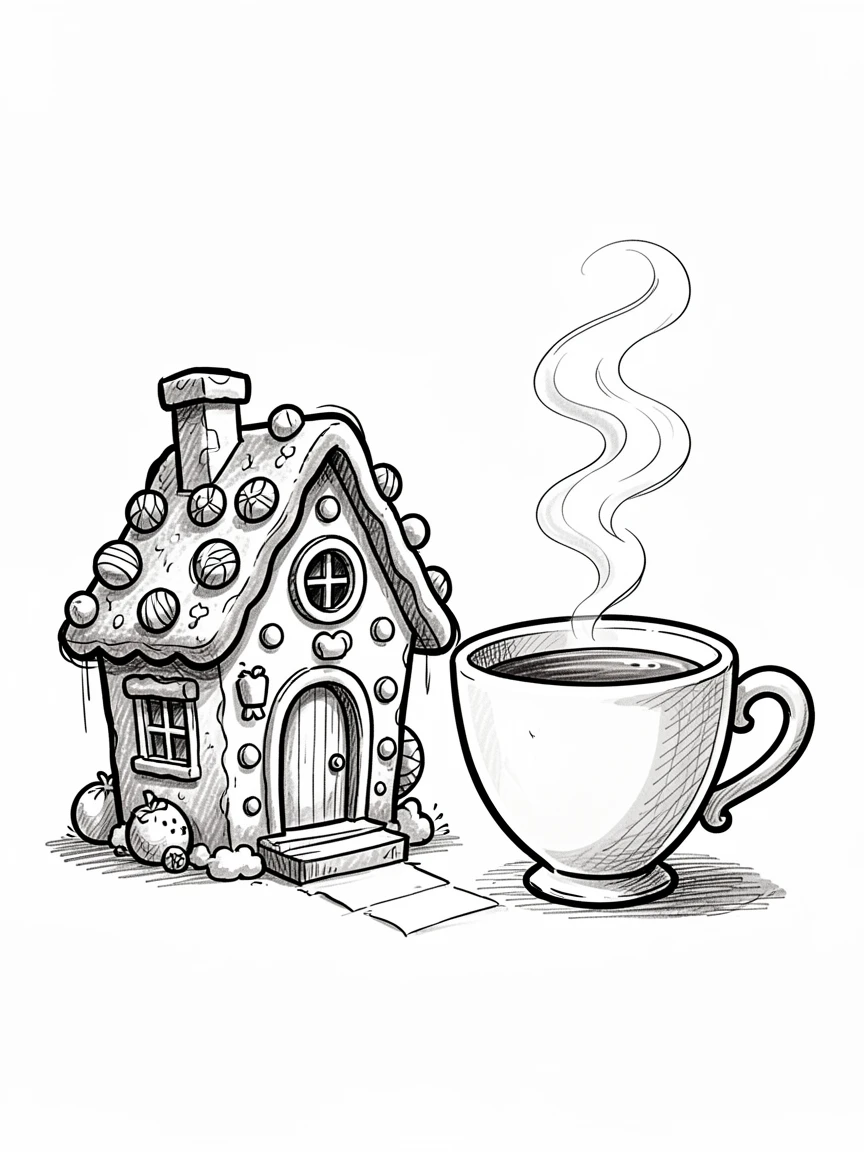 A gingerbread house placed beside a cup of tea.