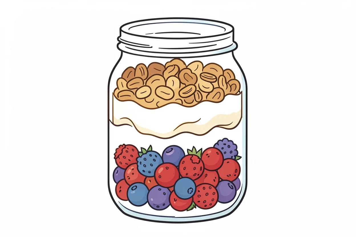 A glass jar layered with granola, yogurt, and fresh mixed berries.