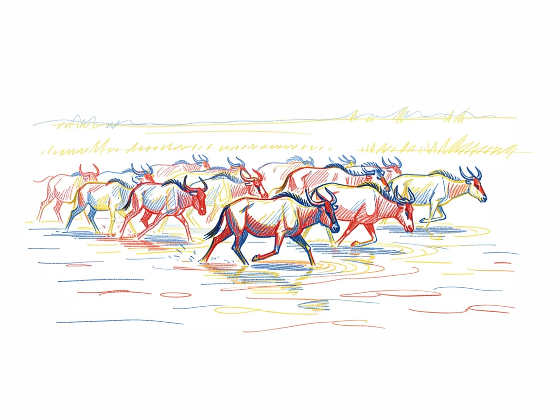 A herd of wildebeest crossing a river during the great migration