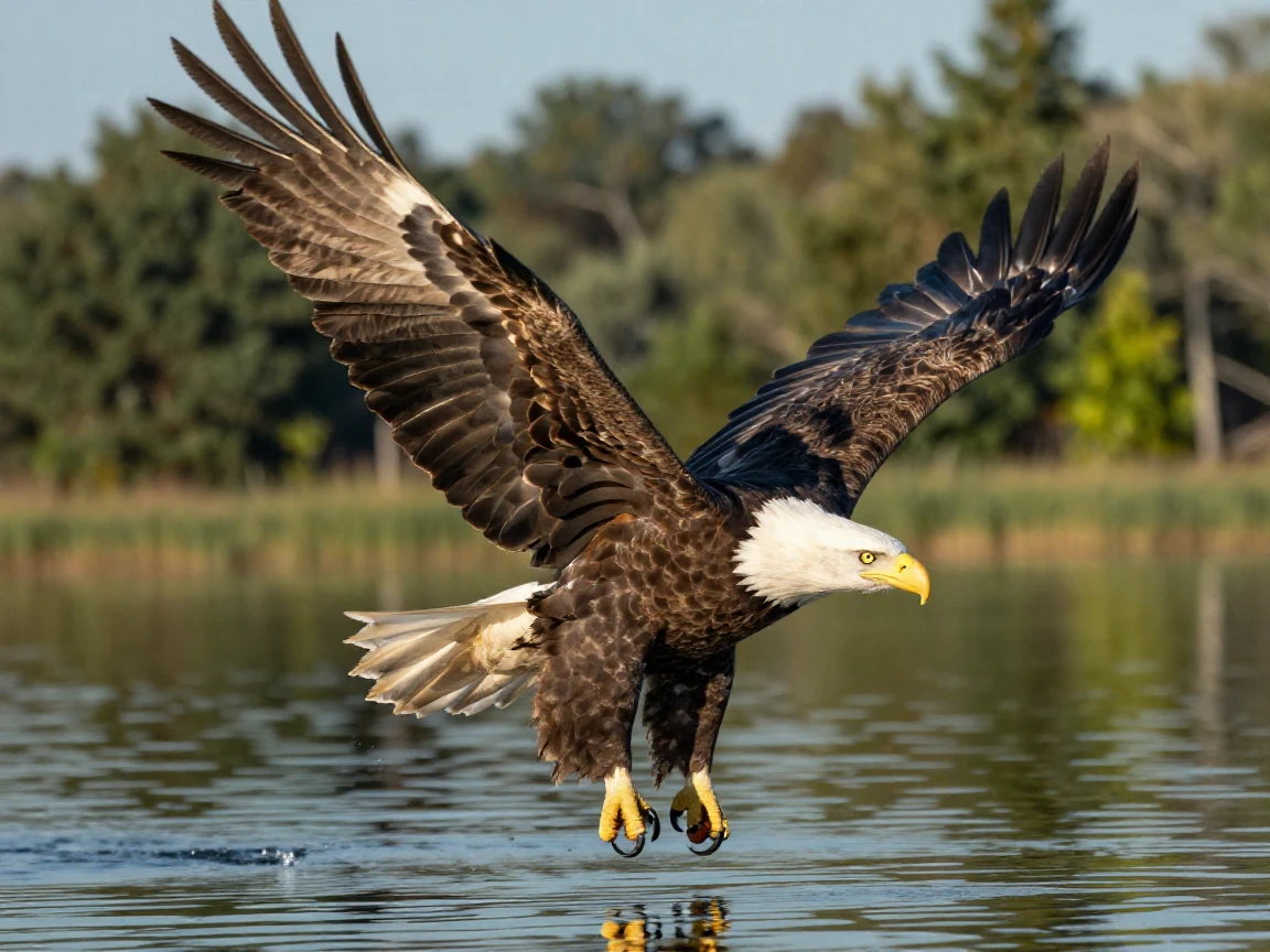 A bald eagle diving toward water with talons extended