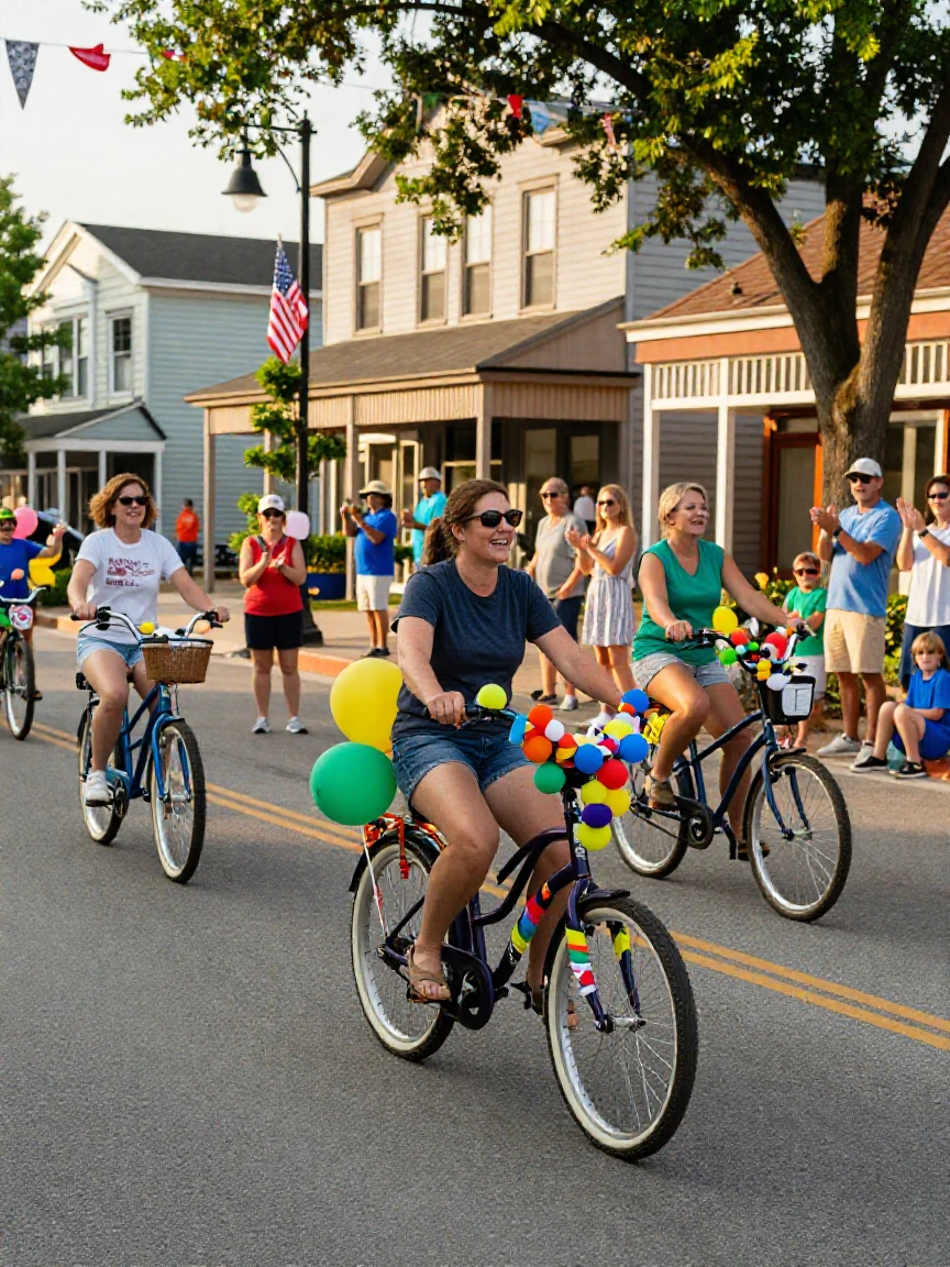 A parade of decorated bicycles rolls through a small town for a summer celebration.