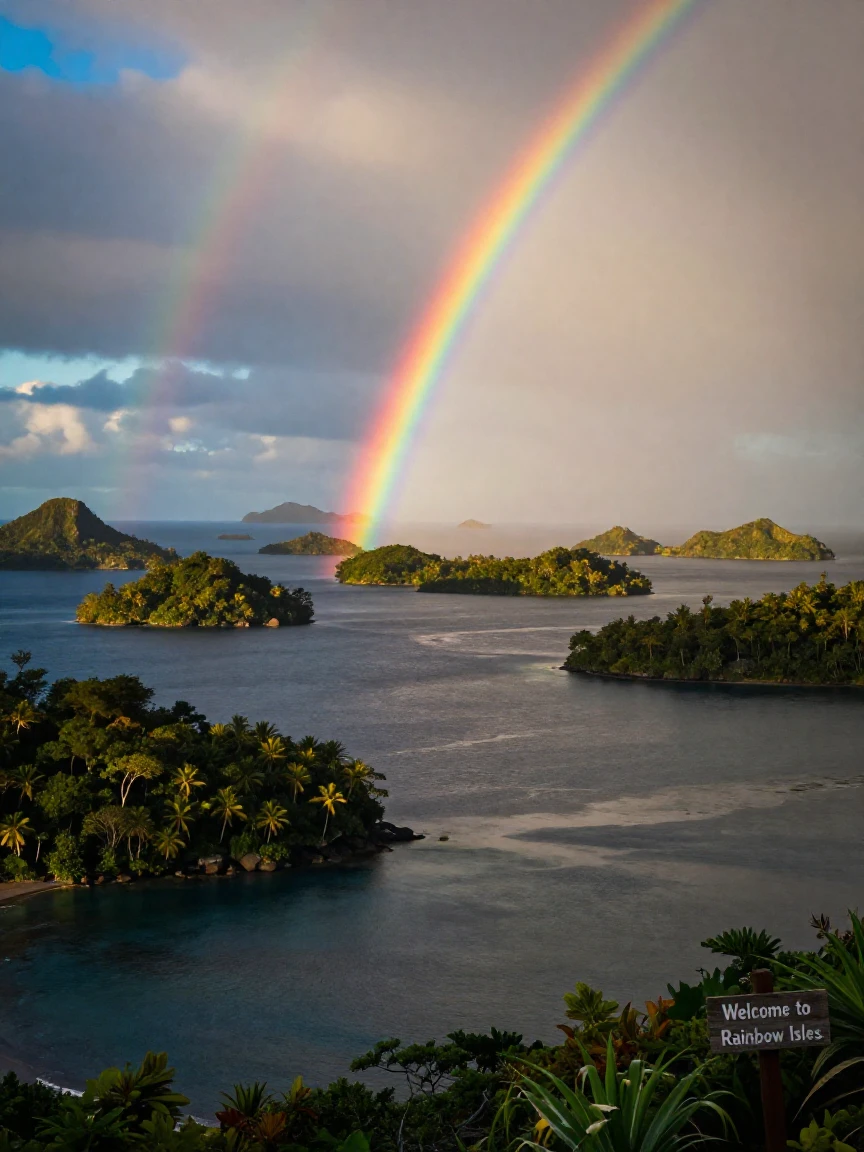 A vast archipelago of islands illuminated by a rare double rainbow