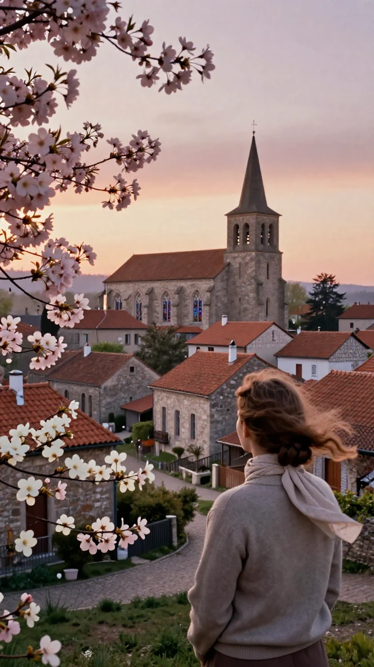 Terracotta rooftops clustered around a small village church, under a glowing sunset sky, as mist rises off the ground, as spring blossoms unfurl, in soft muted pastels, over the shoulder of the main subject.