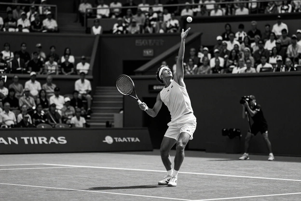 A tennis player serves an ace at match point before a hushed crowd.
