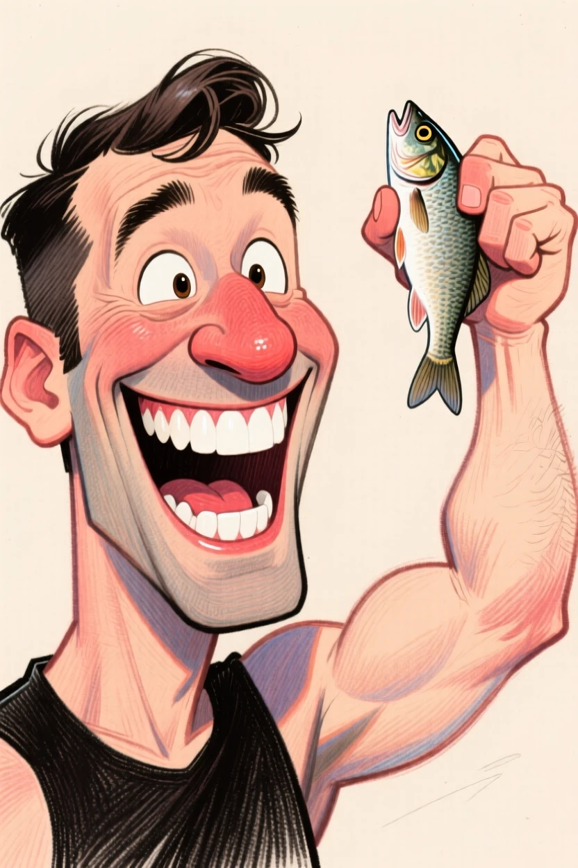 A man triumphantly holding up a fish that is clearly much smaller than he's implying.