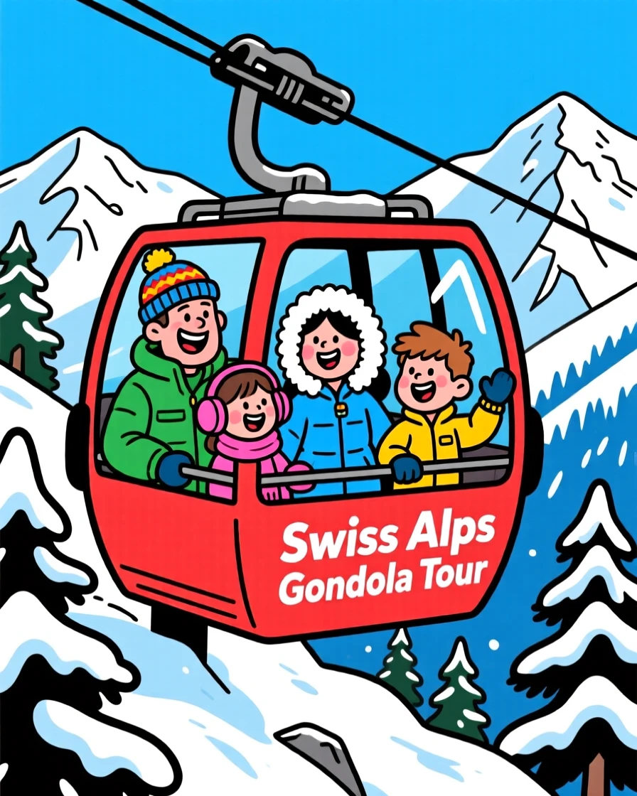An iconic travel scene featuring a family enjoying a gondola ride up a snowy alpine peak in the Swiss mountains.