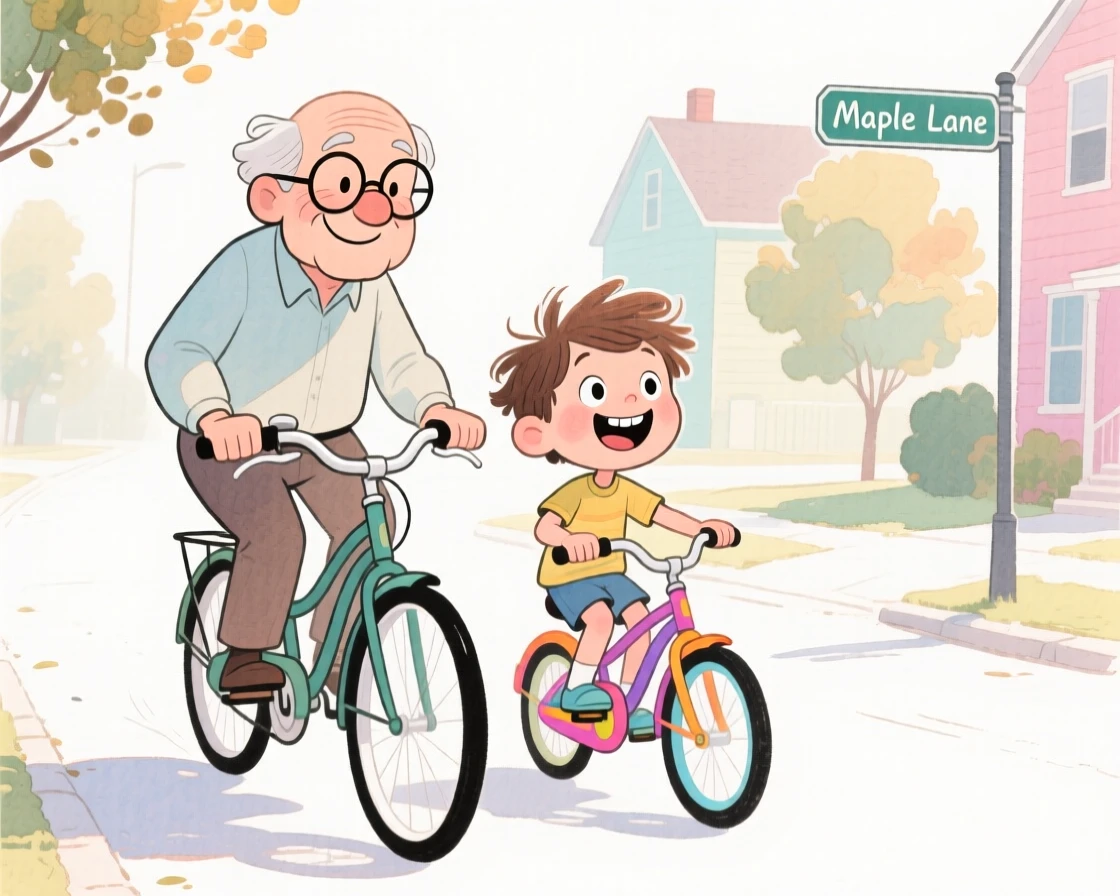 A grandfather and grandchild riding bikes together along a quiet neighborhood street