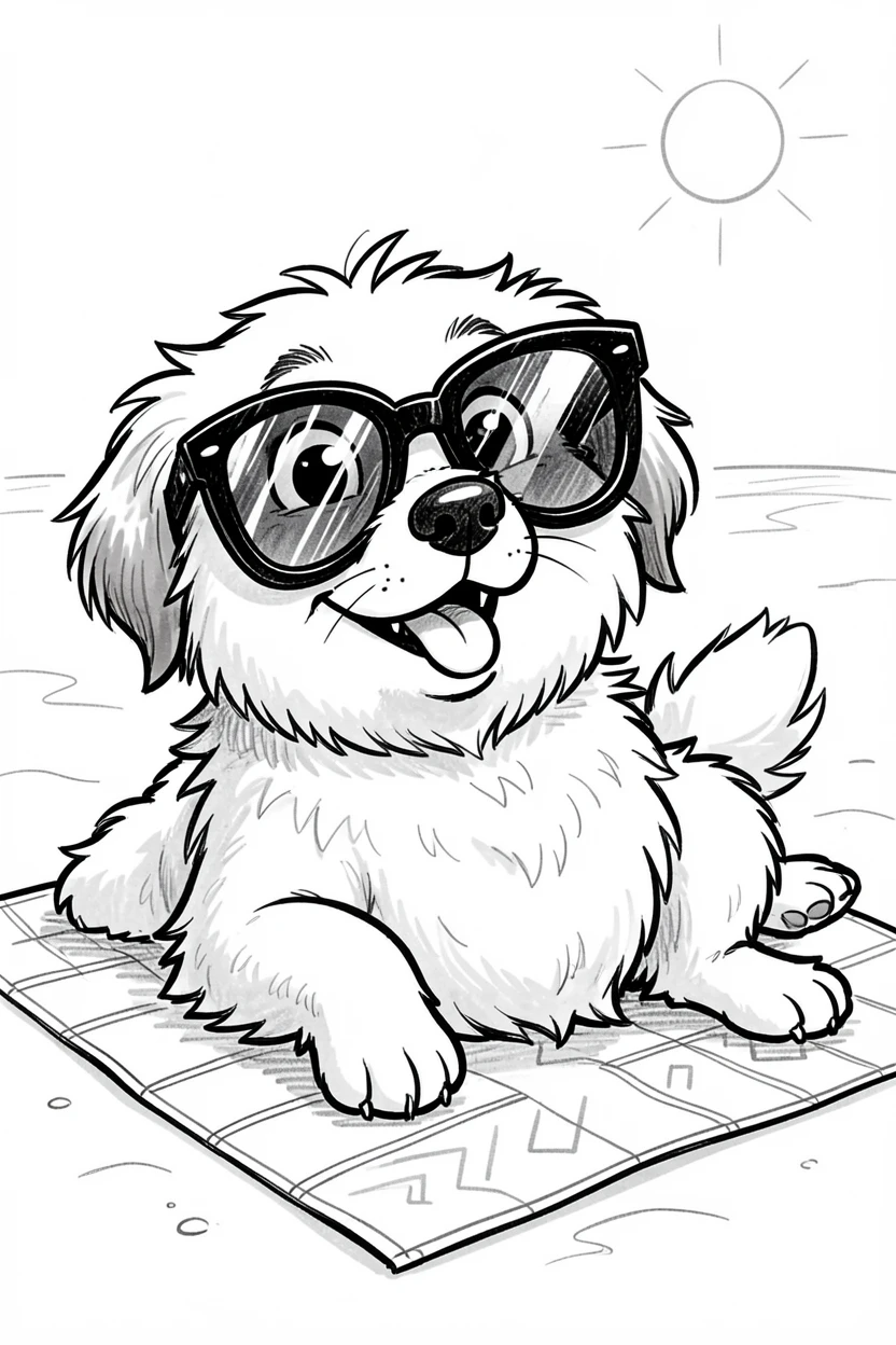 [Cute Animals & Pets] Adorable scene of a fluffy dog wearing sunglasses lounging on a beach towel, bursting with charm and playful energy