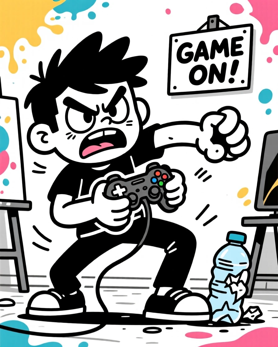 A gamer gripping a controller with intense focus, swinging wildly and missing the ball entirely, set in an art studio splashed with color. A water bottle is crushed flat from being gripped so hard. The moment captures determination with a comic twist.