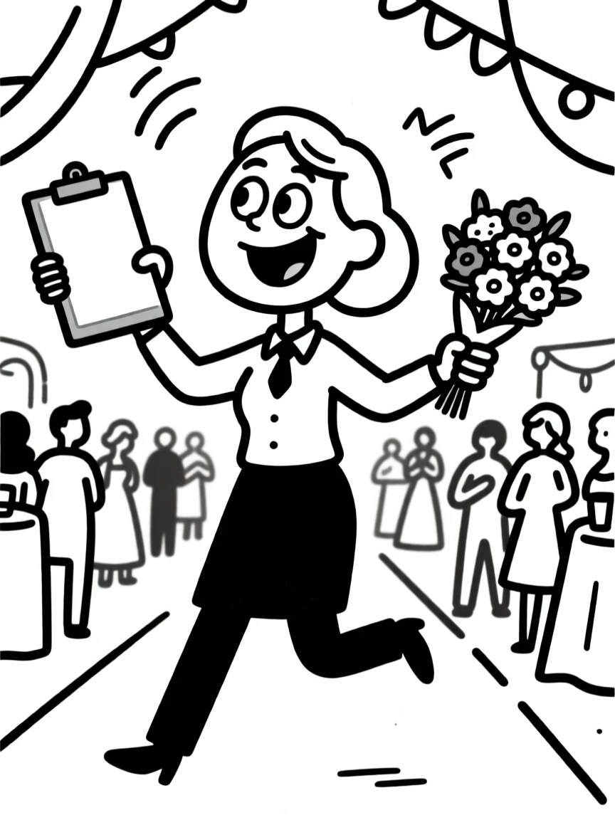 A wedding planner juggling a clipboard and flowers while directing a busy wedding venue.
