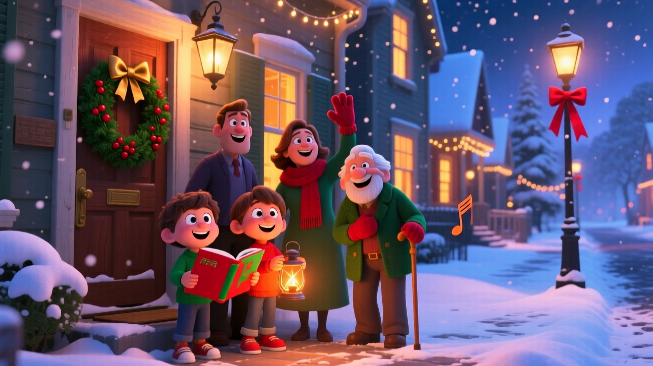 A group singing carols on a snowy doorstep happens on a snowy street lined with glowing windows, with soft snow drifting gently down. A bright, merry energy fills the entire scene.