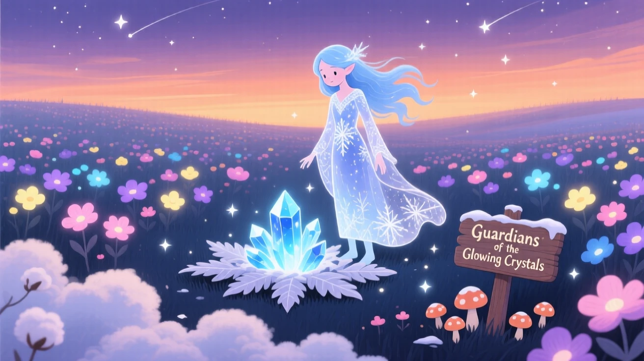 Deep within a field of luminous flowers, a snow spirit spends the evening guarding a treasure of glowing crystals, with clouds drifting lazily below.