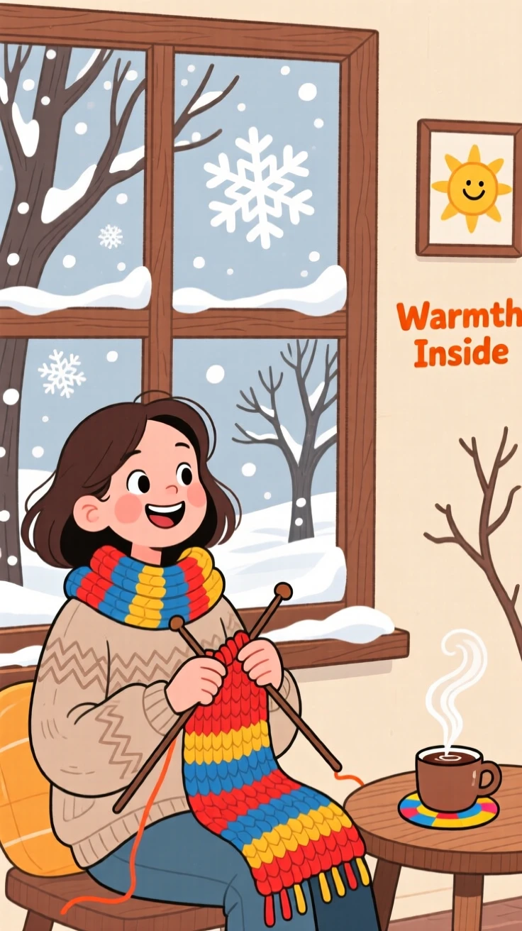 A woman knitting a scarf beside a window on a snowy day.