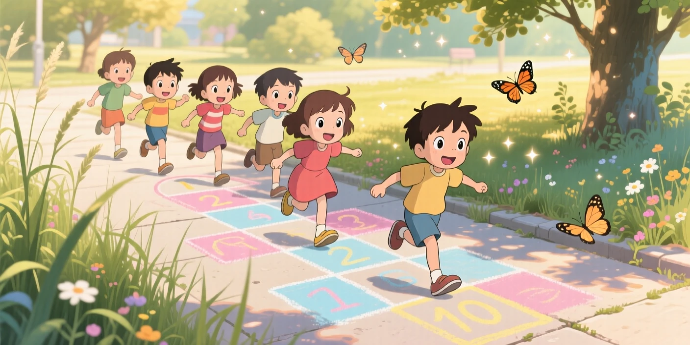 Kids playing hopscotch on a chalk-drawn sidewalk, the moment bursting with curiosity.