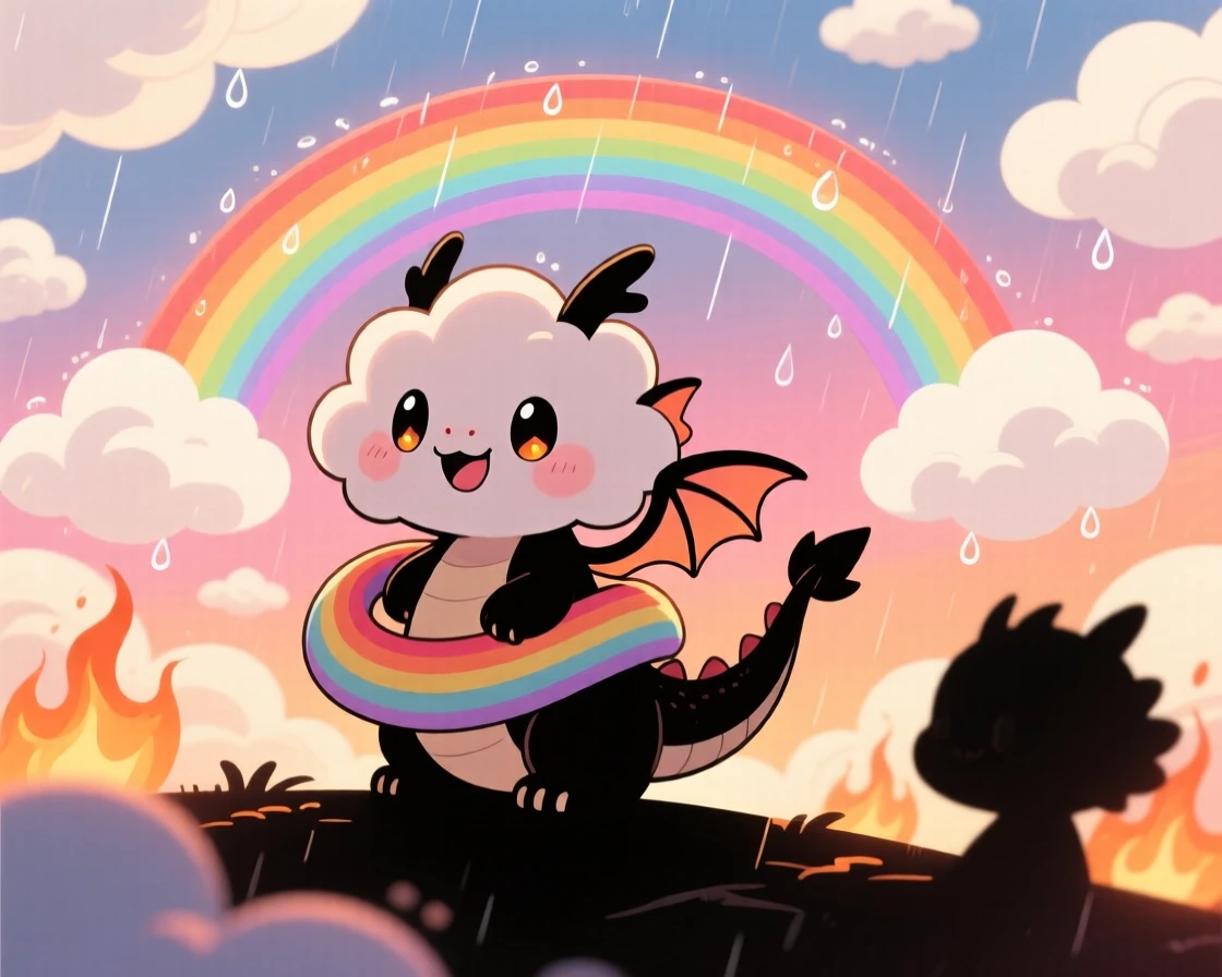 A baby cloud dragon coiling playfully around a rainbow in a sky full of drifting clouds under a rainbow after the rain; cozy firelight washes over the scene as curious excitement fills the moment. Silhouette composition.