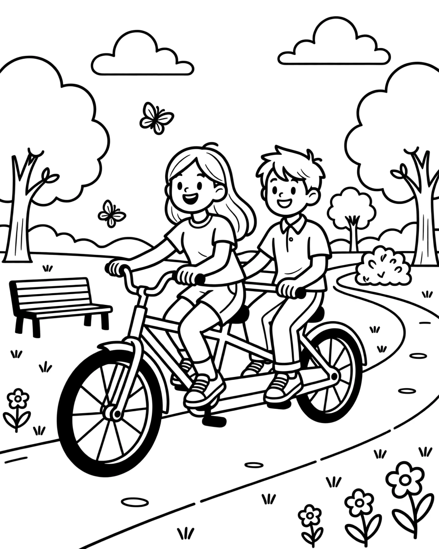 A tandem bicycle ridden by two friends through a park