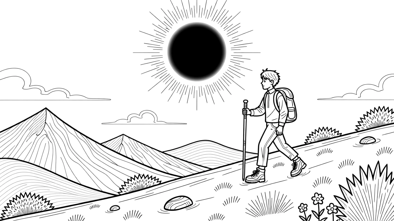 A solar eclipse casting a ring of light around the moon, with a distant figure hiking along a ridge.