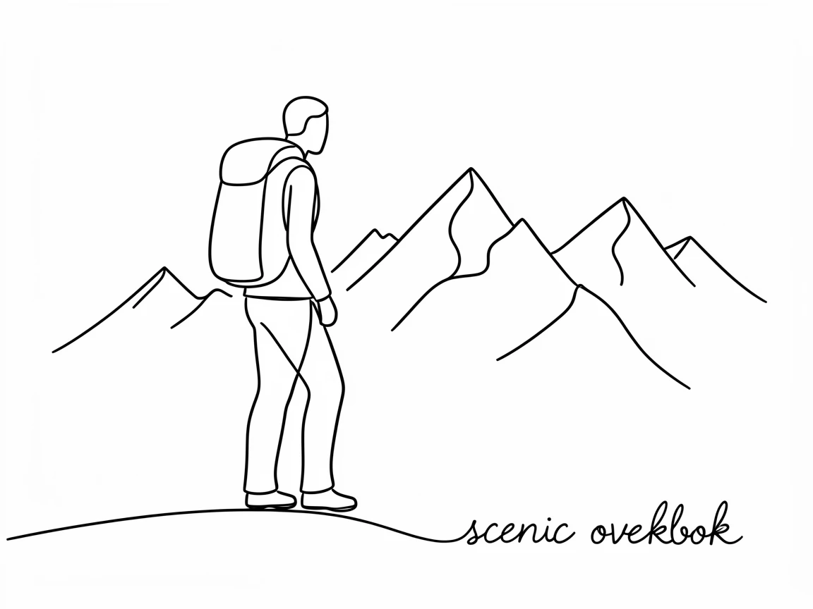 A backpacker standing at a scenic overlook with a mountain range stretching beyond