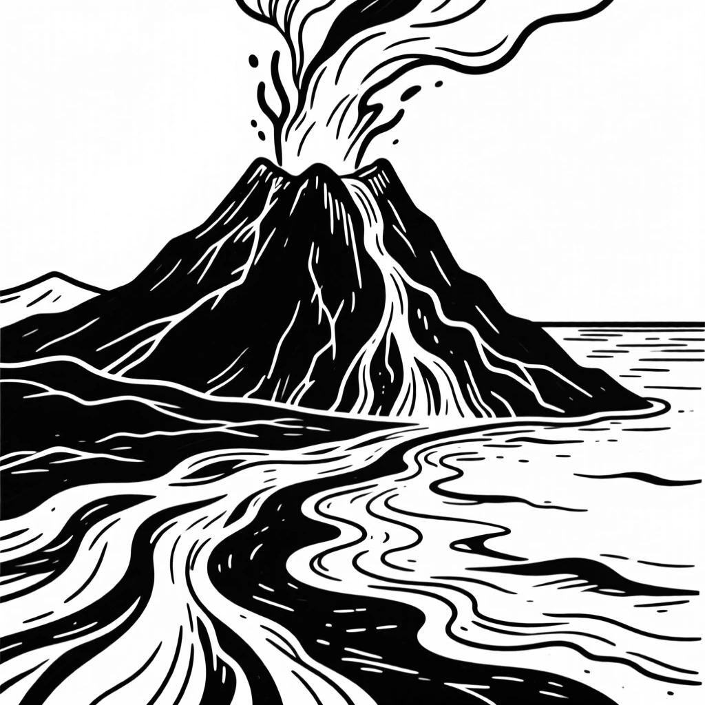A dramatic volcanic landscape with glowing lava flowing toward the sea.