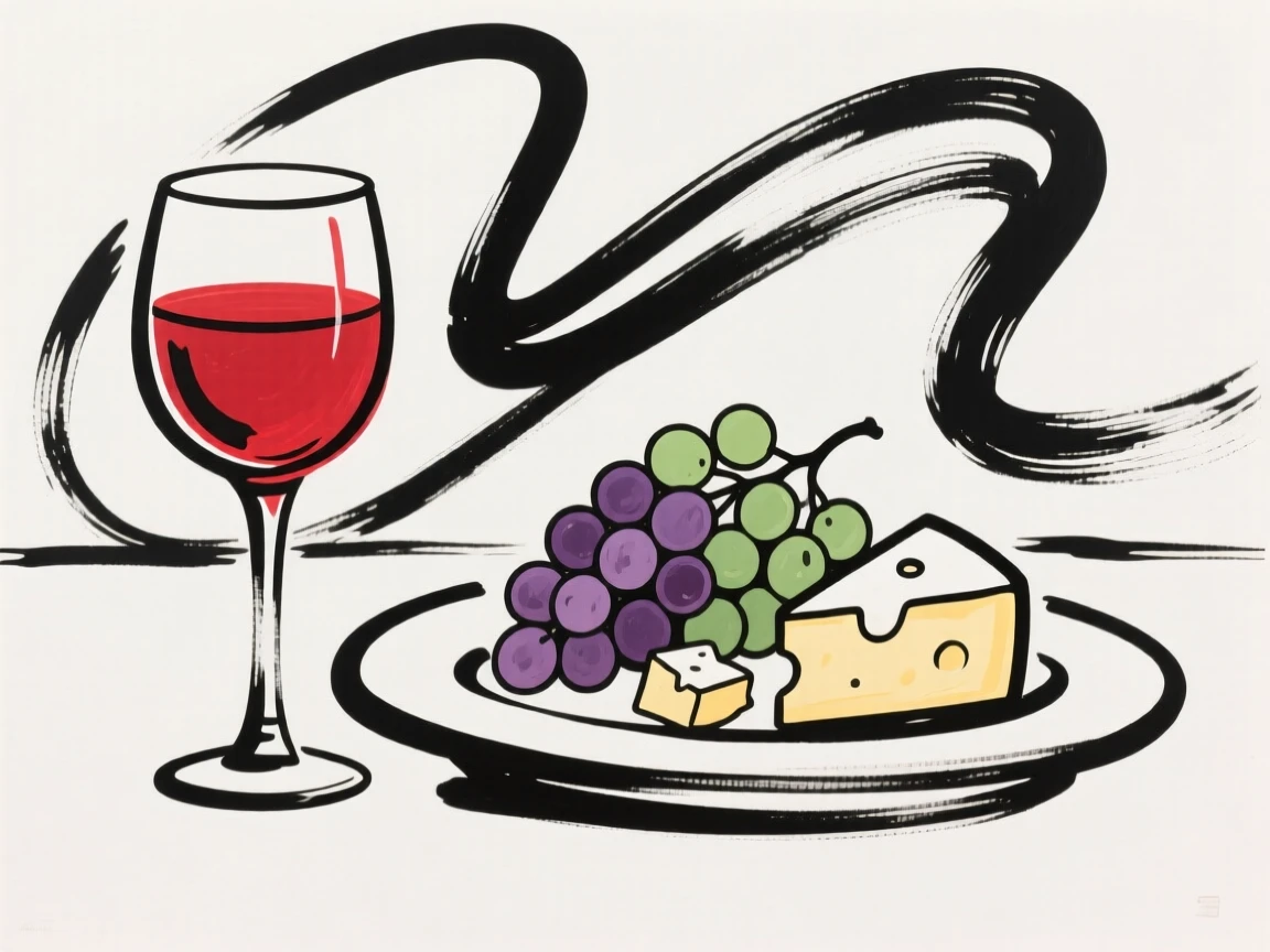 A glass of red wine beside a plate of grapes and cheese.