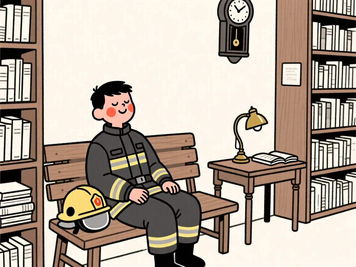 A firefighter of vietnamese heritage resting after a shift, beaming with pride, inside a vintage bookstore.