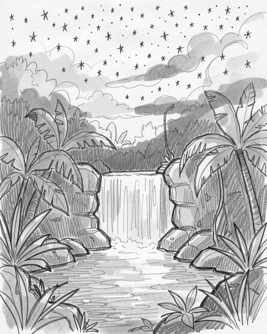 A breathtaking view of a hidden jungle waterfall pool, beneath a sky full of stars, with clouds casting slow-moving shadows.