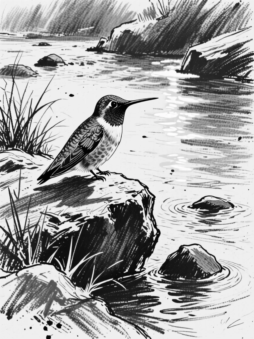 A hummingbird basking in the warm sun on a riverbank.