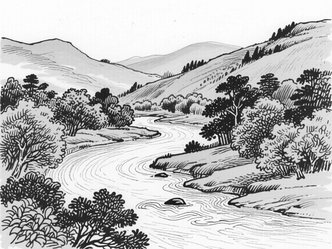 A tranquil river winding through a lush green valley.