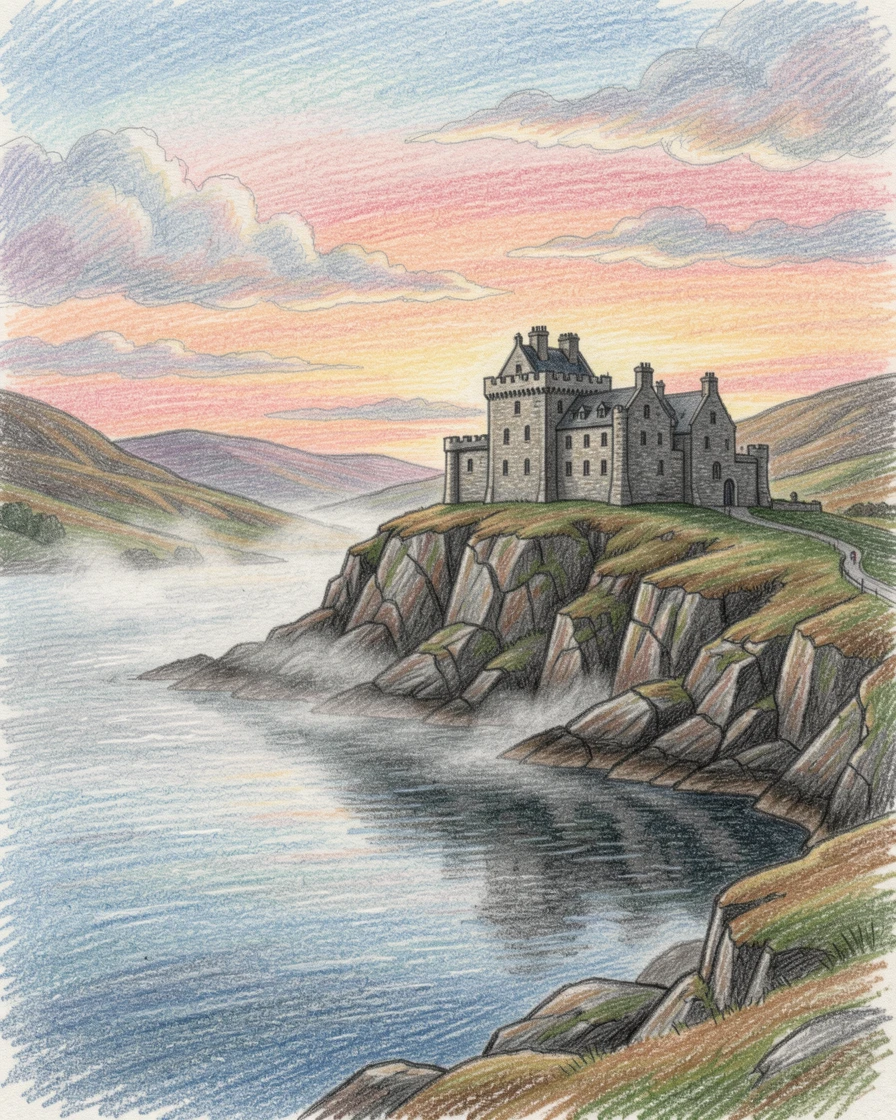 A Scottish castle perched above a misty highland loch, with soft clouds drifting across a colorful sky, capturing the timeless charm of a beloved destination.