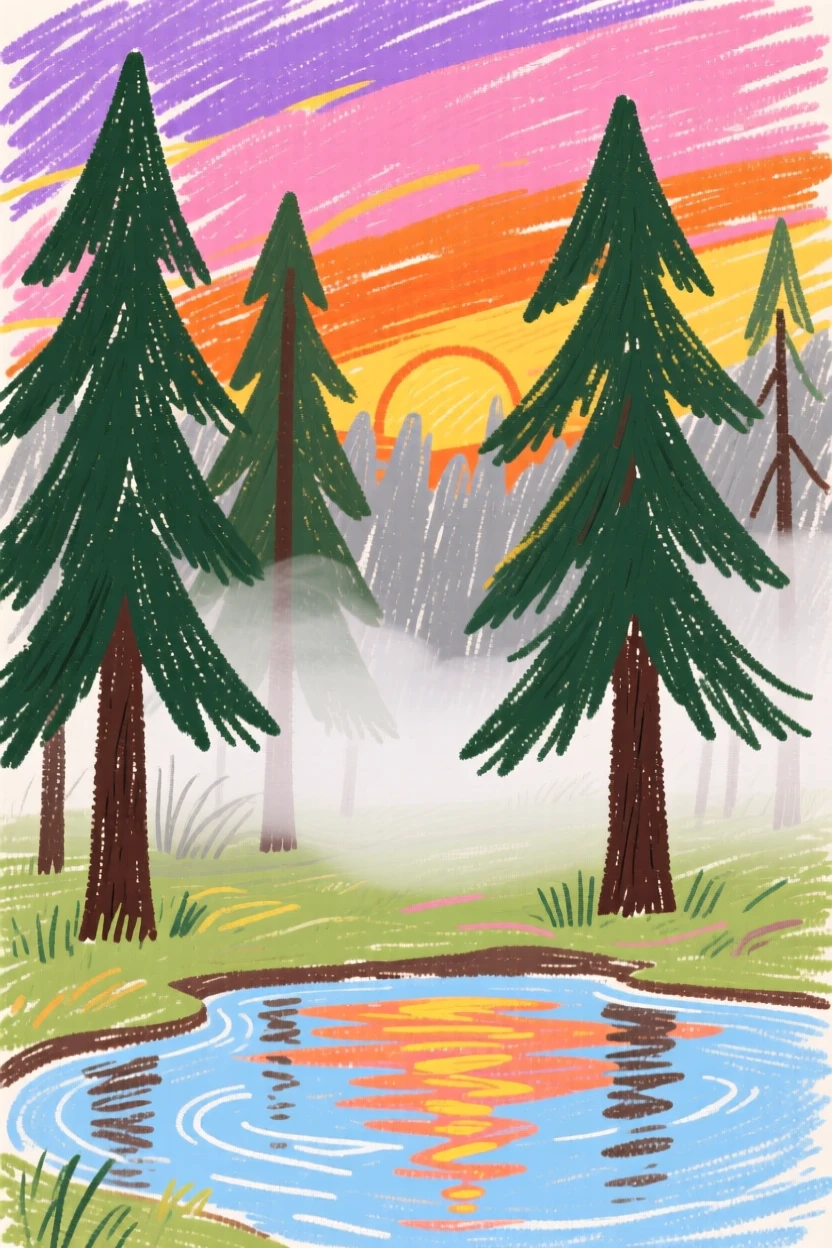 A view of a misty pine forest reflecting the colors of a vivid sunset sky.