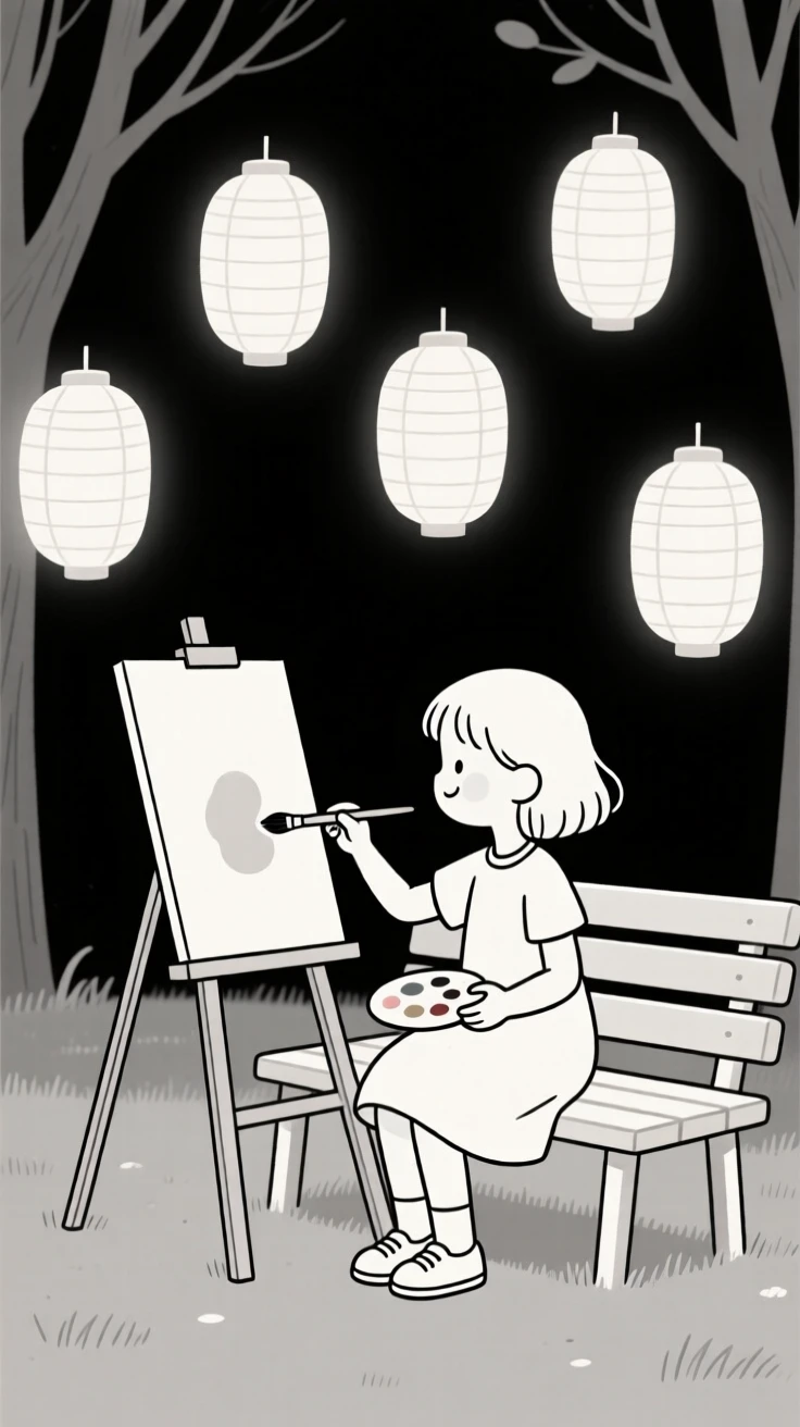 A little girl painting on a canvas in a quiet park bench, surrounded by fluttering paper lanterns, conveying gentle happiness.