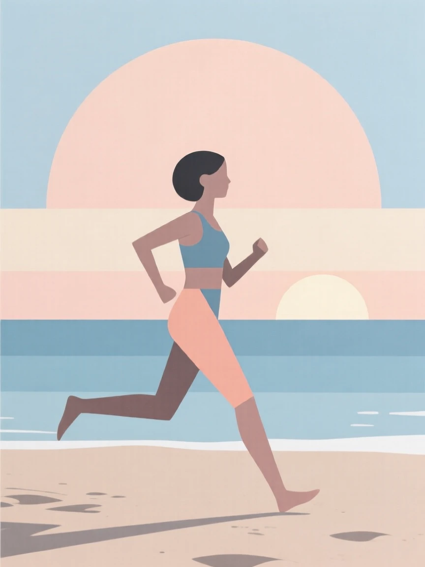 A woman jogging along a beach at sunrise