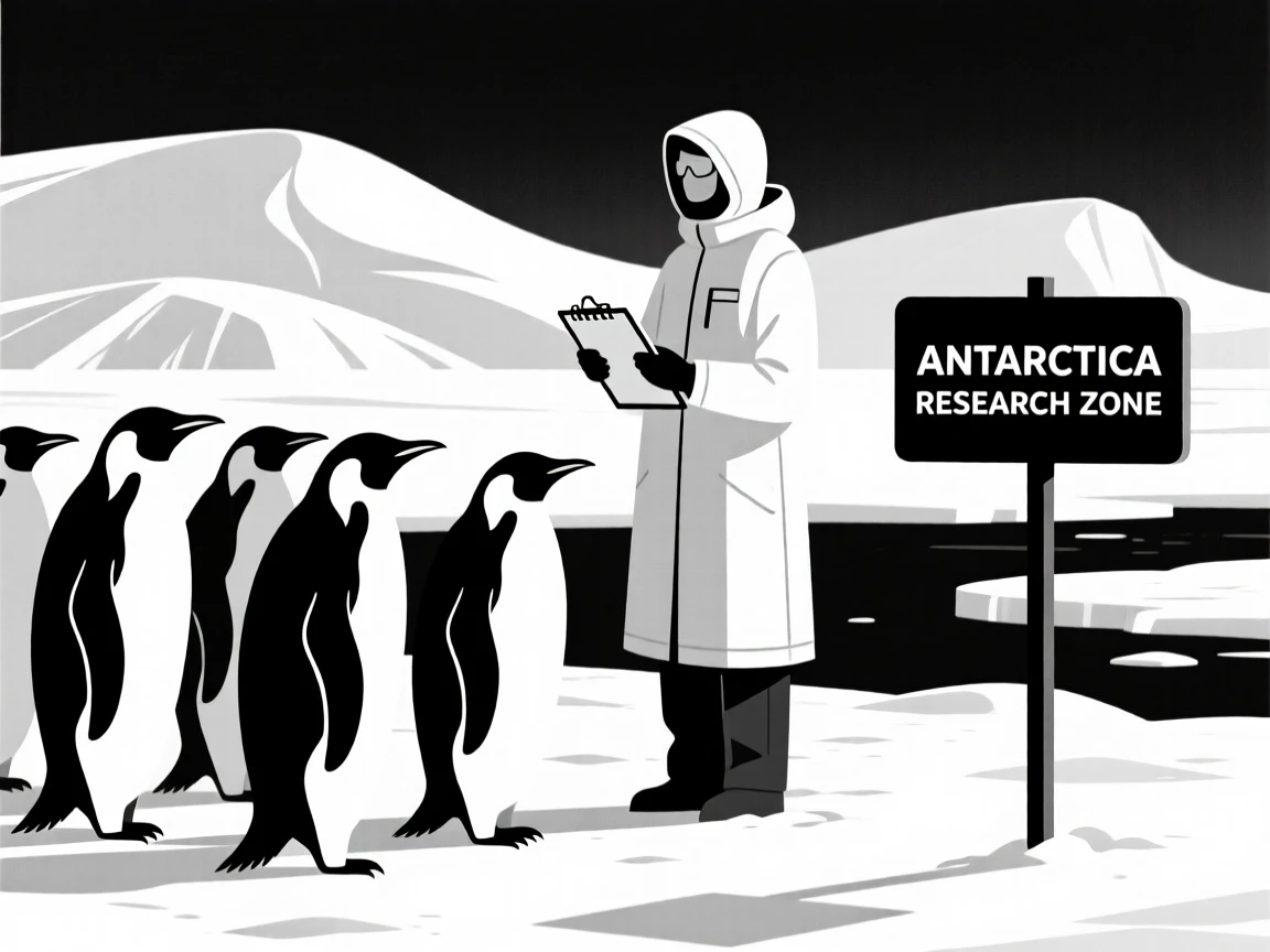A scientist observing penguins in Antarctica.