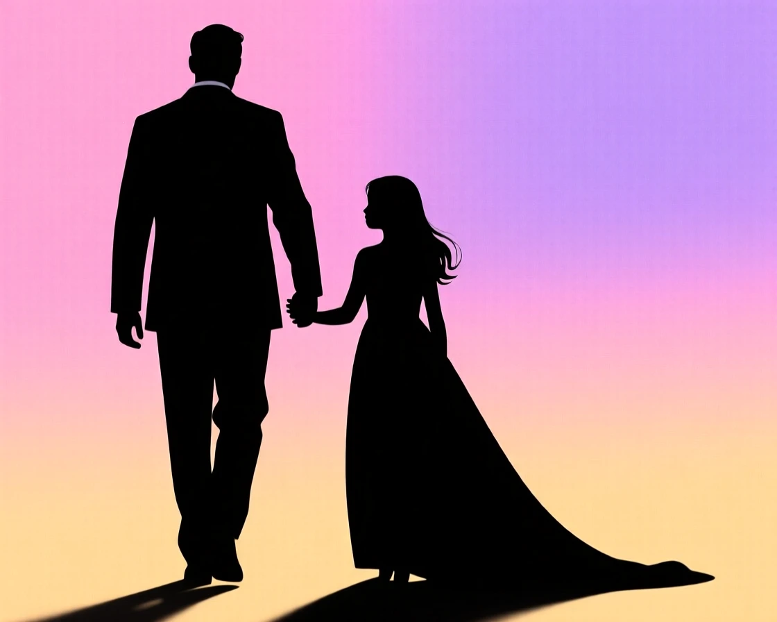 A father walking his daughter down the aisle, her hand resting on his arm.