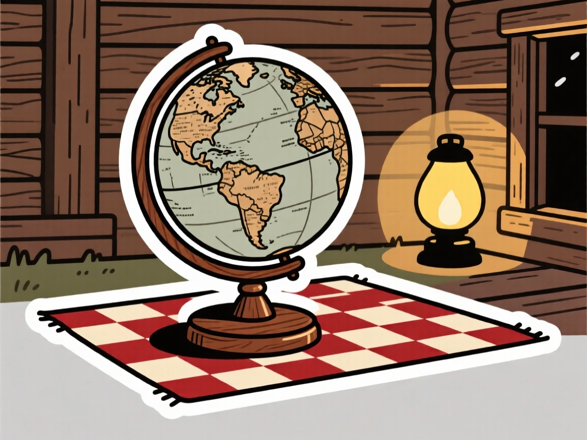 A nostalgic vintage globe on a stand, resting atop a checkered picnic cloth, in a cabin during a cozy evening.