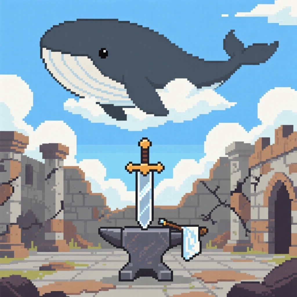A sky whale drifting above the clouds polishing a legendary sword on a stone, inside a crumbling castle courtyard.
