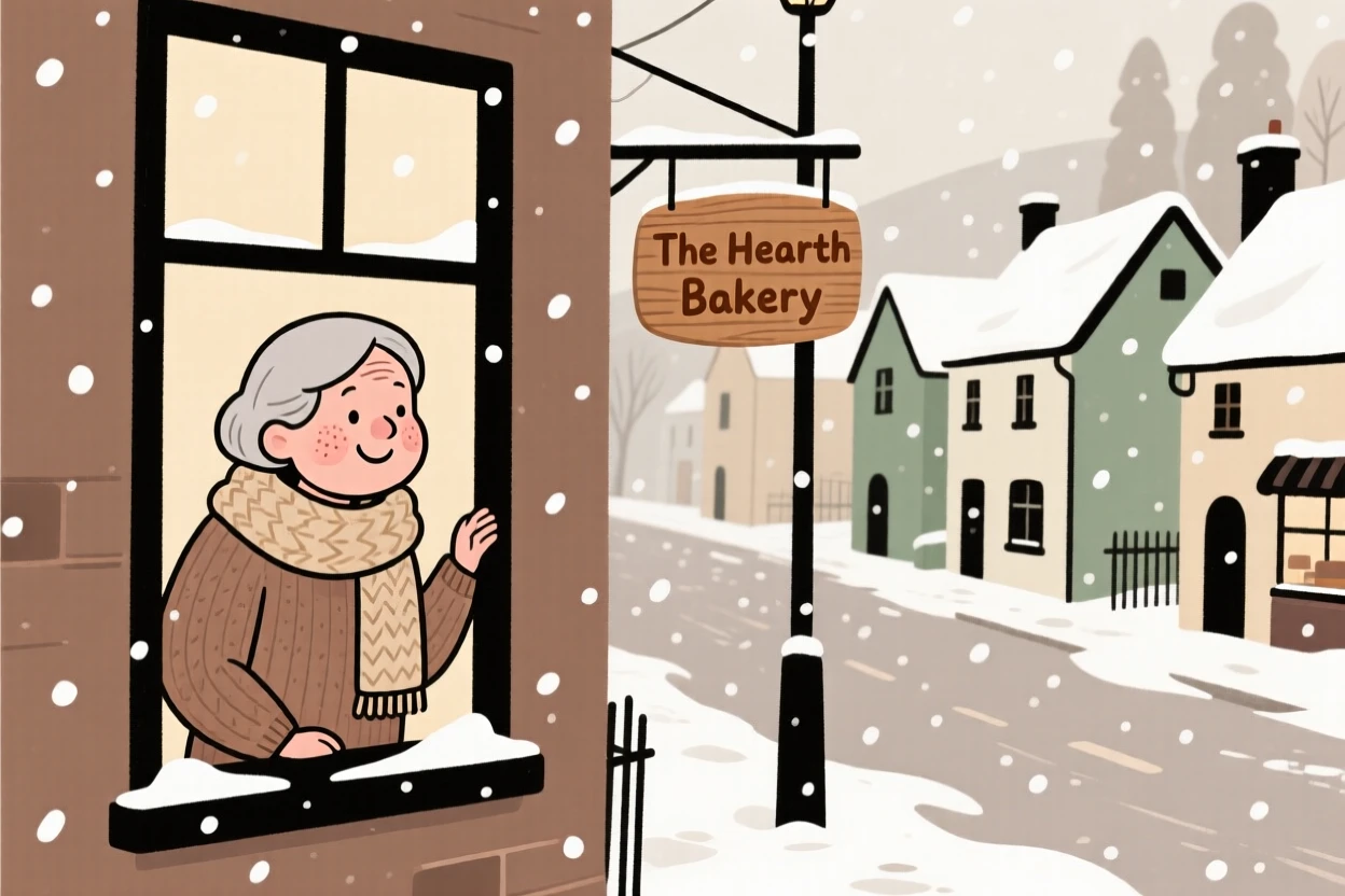 Soft snow falls over a quiet village street as a elderly woman watches from a nearby window, wrapped warmly against the winter air.