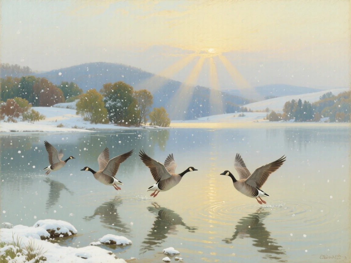 A grand panoramic scene of wild geese landing on a still lake at first light, in gentle falling snow, in the height of summer.