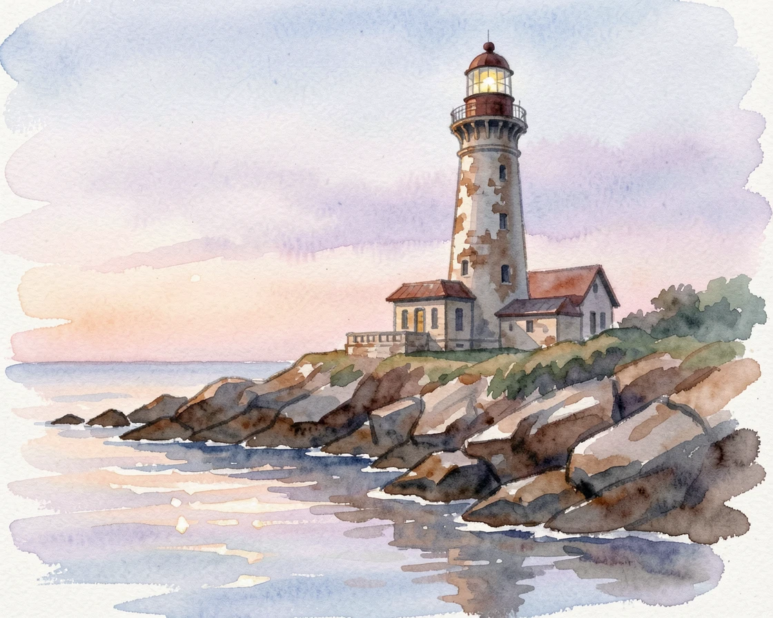 A grand old lighthouse on a rugged coastline at sunrise with reflections shimmering in the water below.
