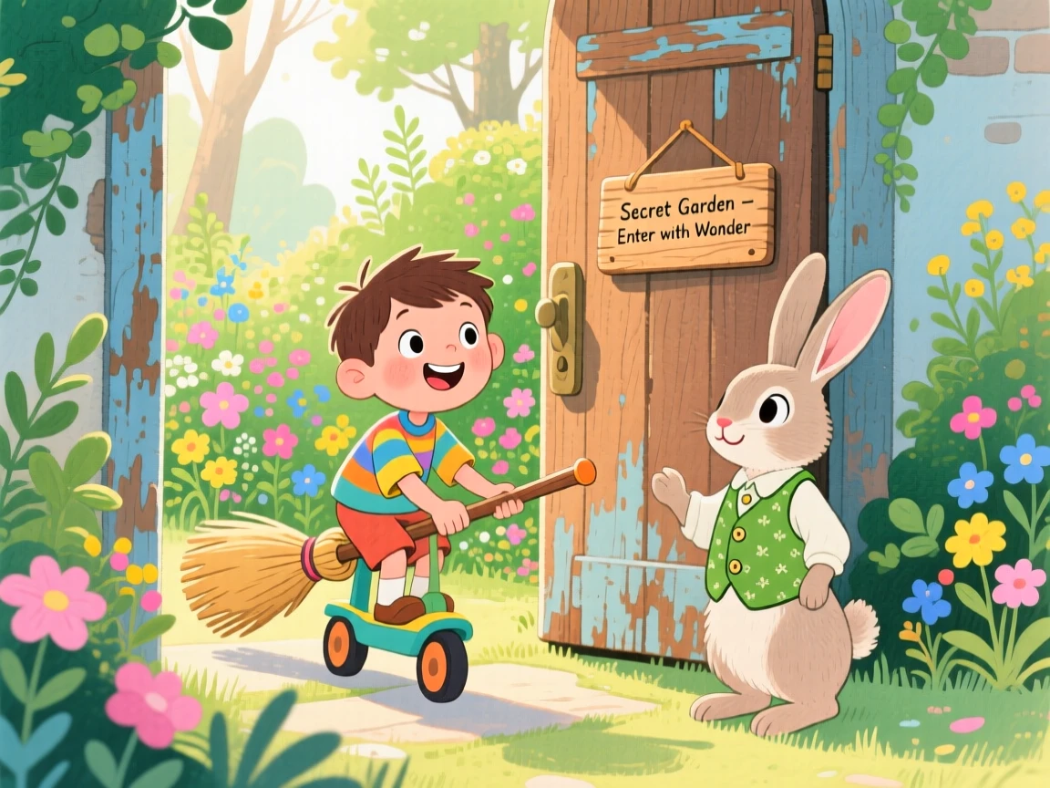 A boy riding a toy broomstick discovering a secret garden behind an old door for the first time, greeted by a talking rabbit in a tiny vest.