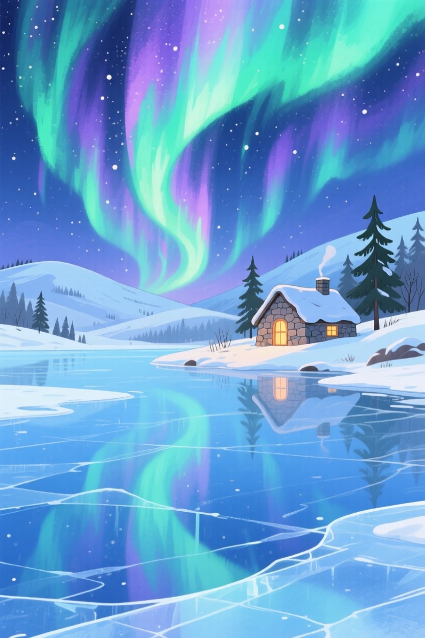 A frozen lake reflecting a sky full of northern lights, with a small stone cottage nestled in the distance, radiating natural splendor and tranquility.