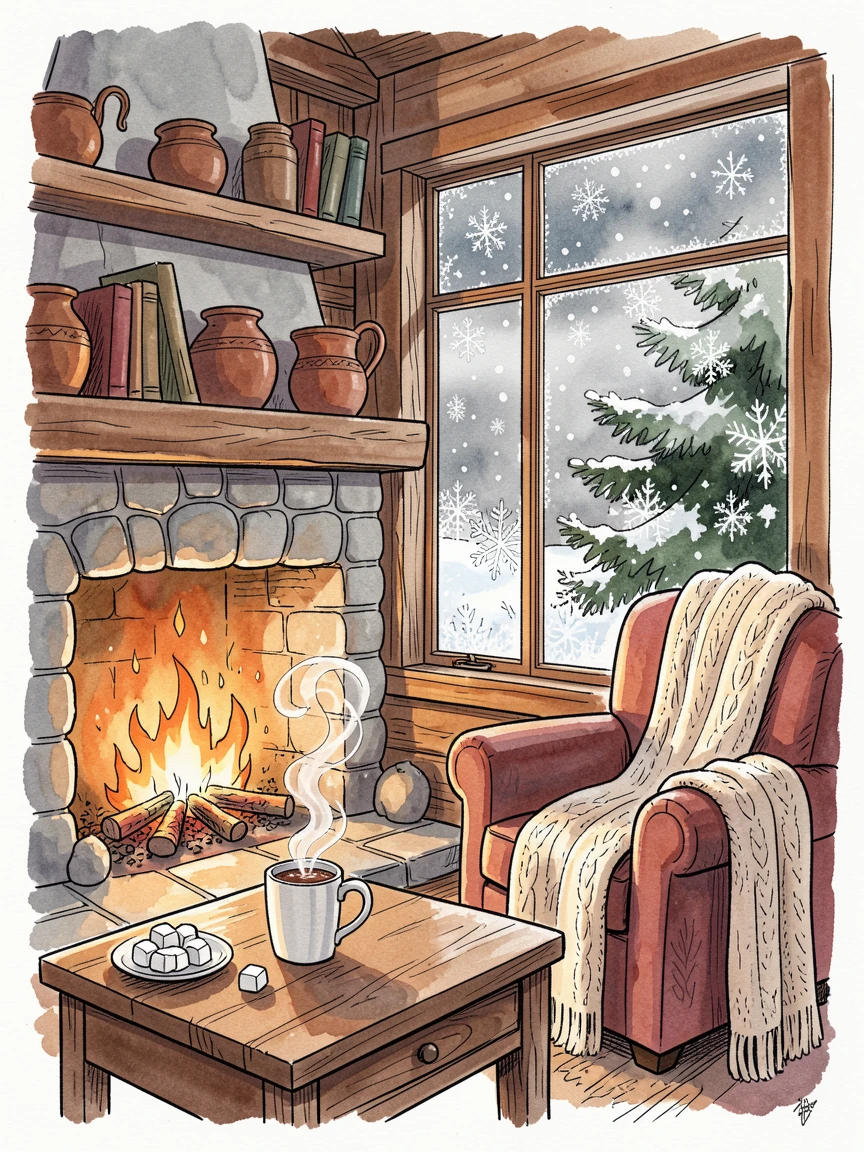 A cozy cabin interior during a snowstorm, a fire crackling as hot cocoa steams on the table