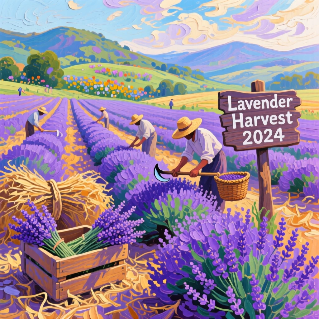 a lavender farm stretching toward distant hills, during harvest season, with layered visual detail from foreground to horizon.