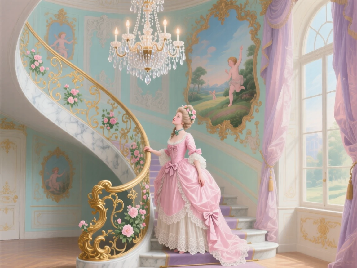 A grand staircase where a young woman pauses beneath an enormous chandelier  