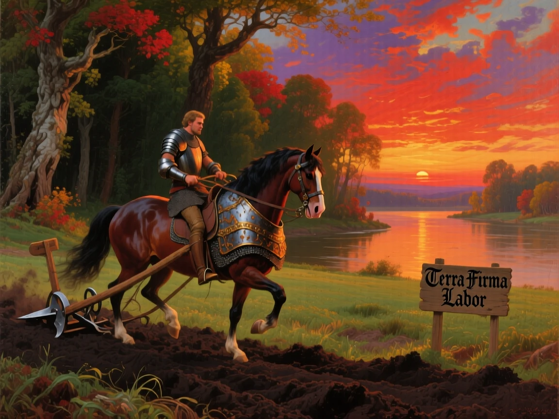 A knight's warhorse plows a field beside a river at the edge of a forest beneath a fiery evening sky.
