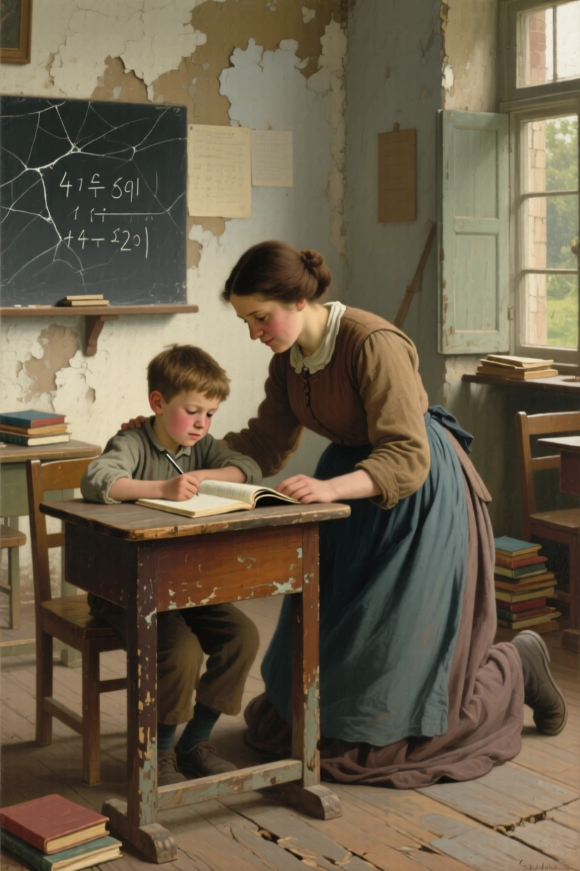 A teacher kneeling to help a struggling student, warmth evident in her eyes, with genuine, unguarded emotion visible in the eyes, telling a complete story through a single powerful expression