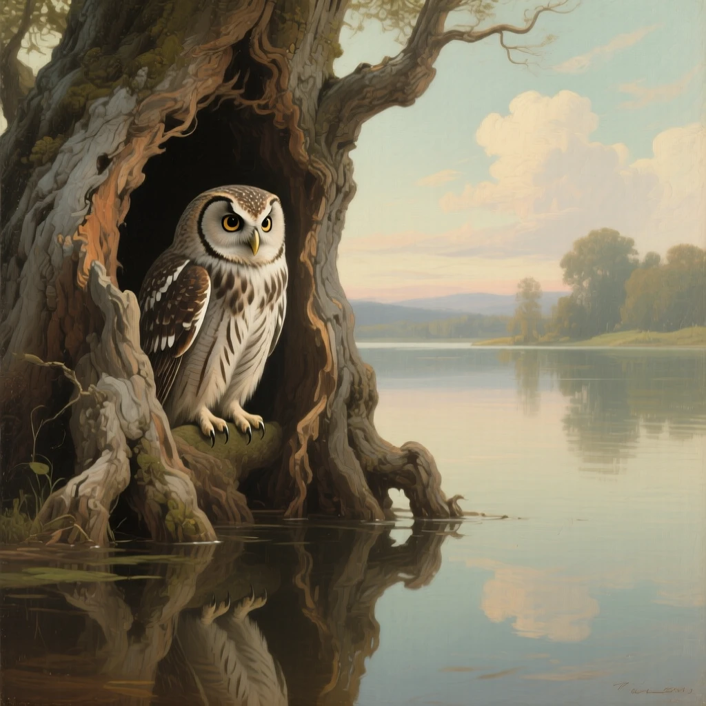A wise old owl perched silently in an ancient hollow tree captured in a moment of wild grace and quiet power, set beside a still lake reflecting a painterly sky, with reflections in still water doubling the beauty of the moment; soft depth of field isolates the animal against a dreamlike backdrop, filled with gentle warmth and admiration for living creatures.