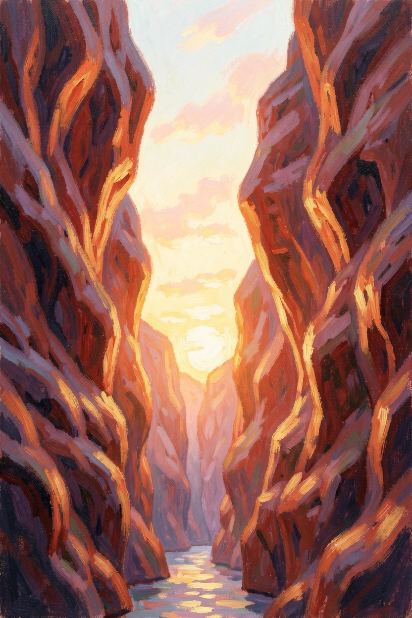 A glowing sunset breaking through a canyon slot, illuminating swirling red rock walls.